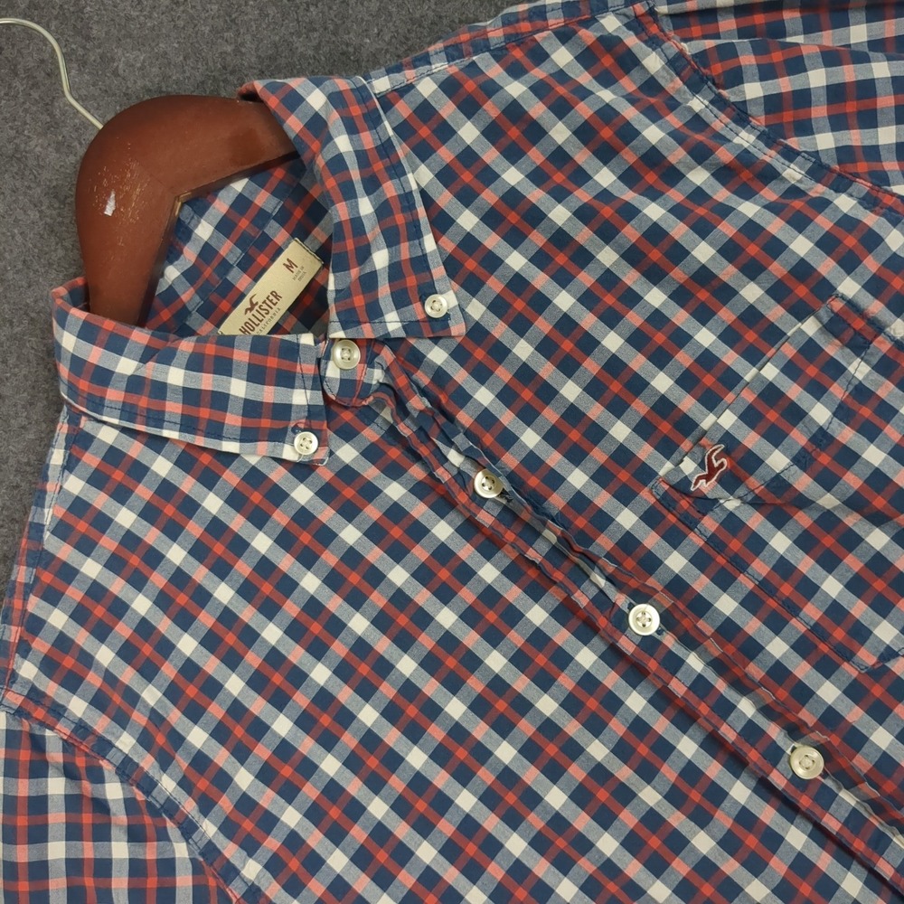 Hollister Mens Medium Gingham Plaid Button Down Shirt Navy Blue Red White Cotton